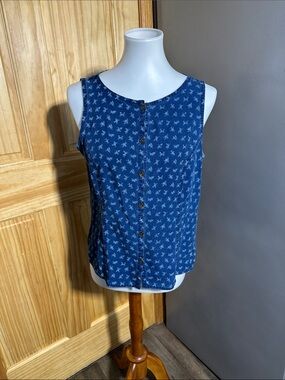 Liz Claiborne Navy Blue Button-Front Printed Tank